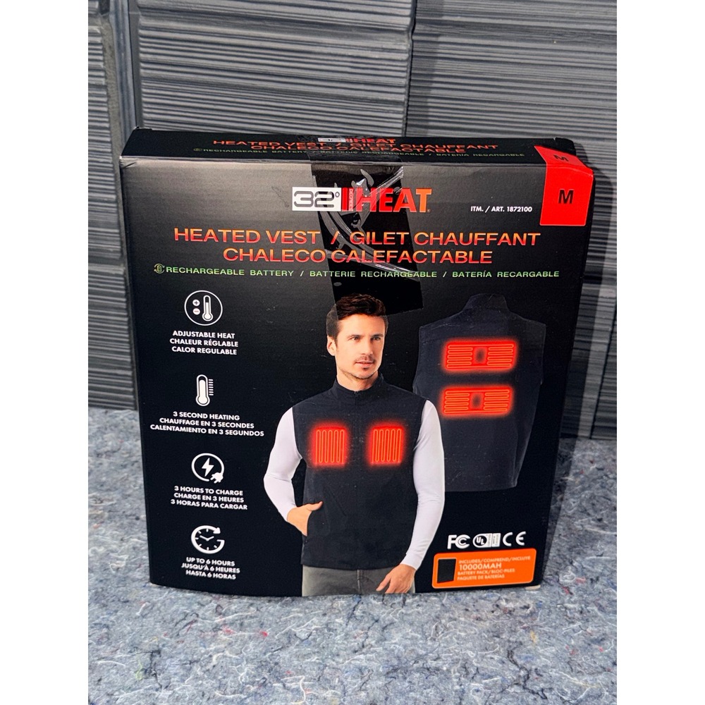 32 Degrees Heat Mens Medium Black Heated Vest Rechargeable 10000mAh Battery